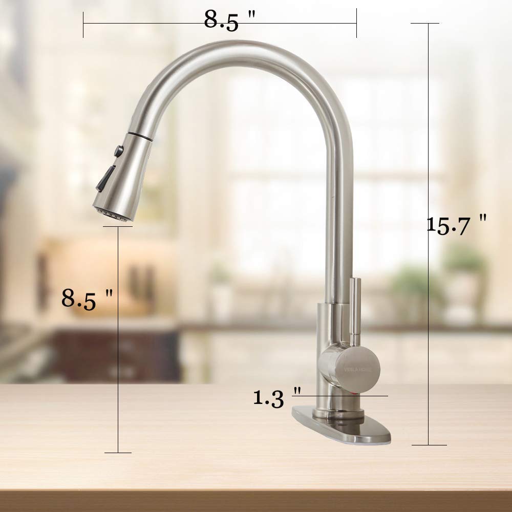 Single Handle High Arc Pull out Brushed Nickel Kitchen Faucet, Single Level Stainless Steel Kitchen Sink Faucets with Pull down Sprayer