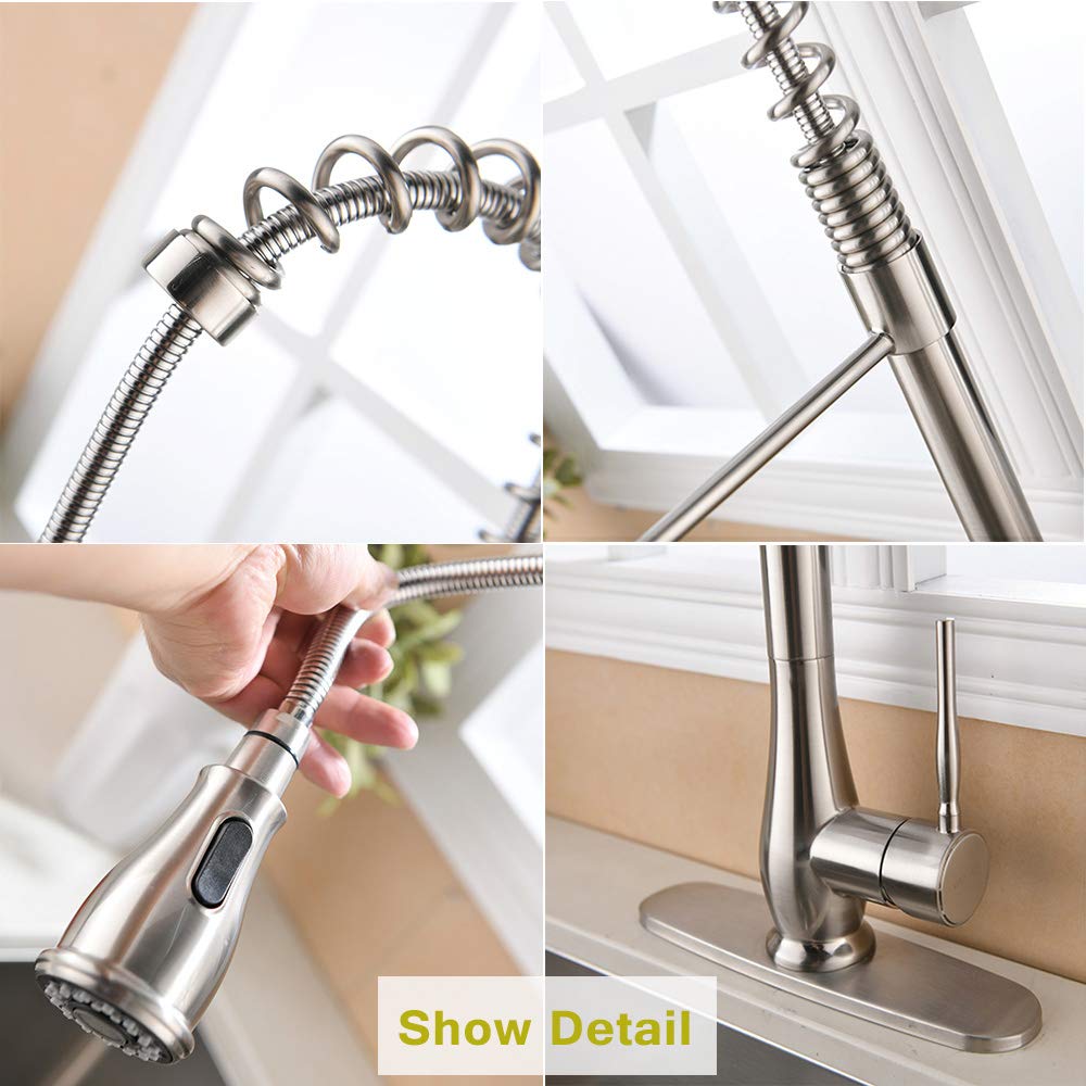 VESLA HOME Stainless Steel Spring Brushed Nickel Pull Down Sprayer Single Handle Kitchen Faucet, Pull Out Kitchen Sink Faucet