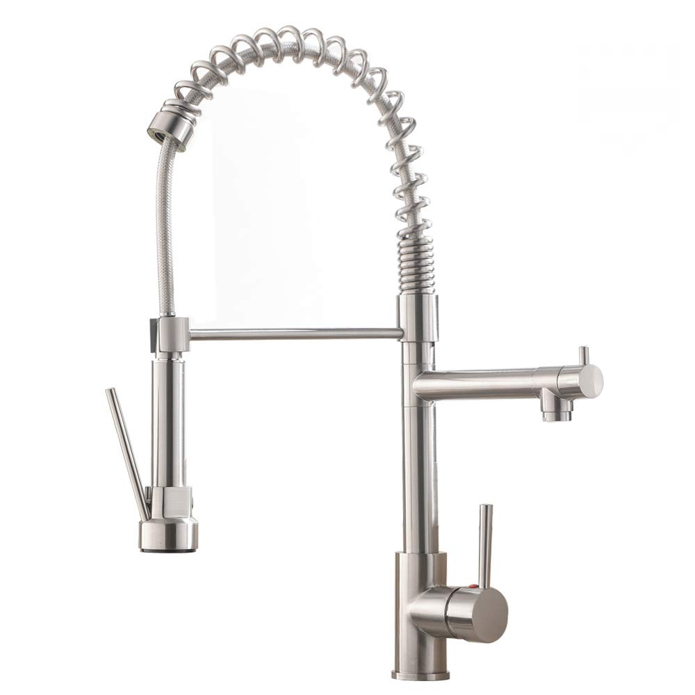 VESLA HOME Commercial High Arch Single Handle Single Hole Stainless Steel Pull Down Sprayer Brushed Nickel Kitchen Faucets, Two Spout Sprayer Kitchen Sink Faucet