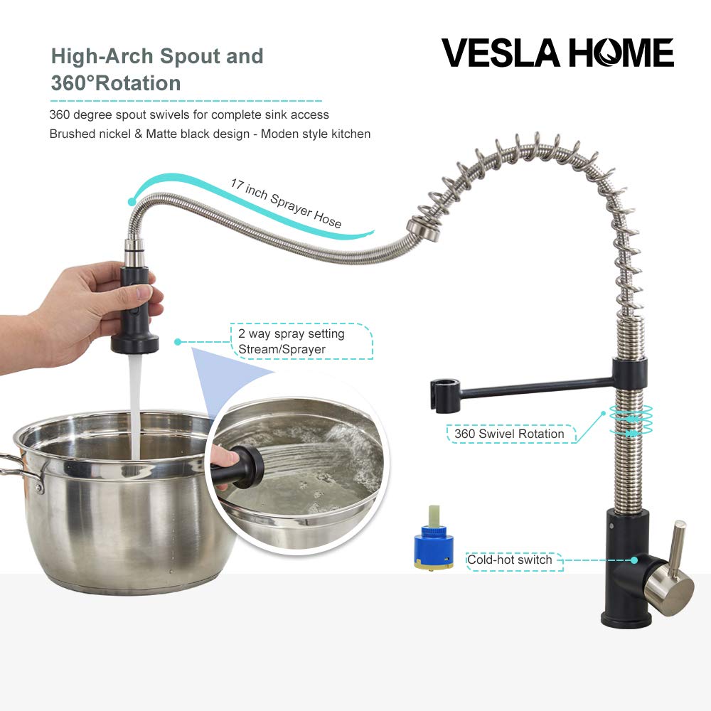 VESLA HOME Commercial Single Handle Pull Out Sprayer Spring Stainless Steel Kitchen Faucet, Brushed Nickel and Matte Black Kitchen Sink Faucet