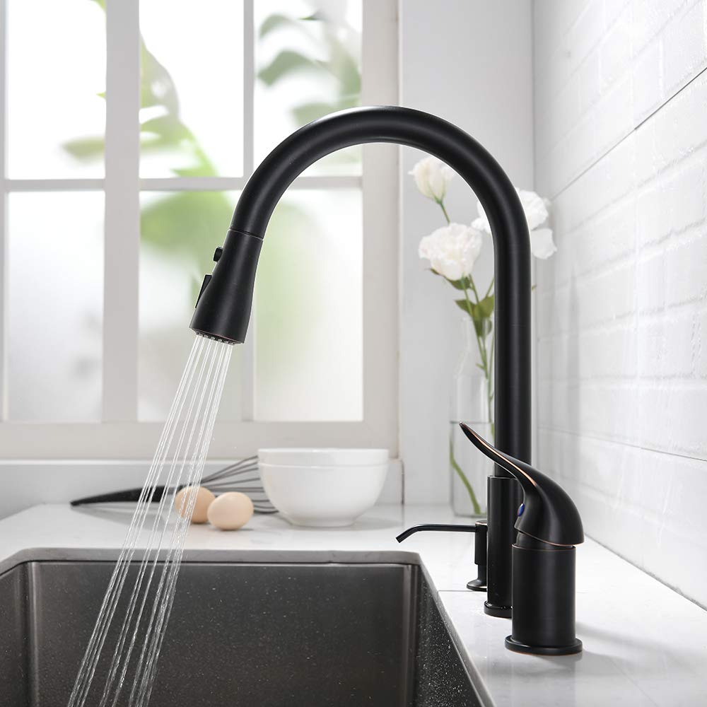 VESLA HOME Single-Handle Swivel Single Lever Oil Rubbed Bronze Kitchen Sink Faucet with Pull Down Sprayer, Soap Dispenser Kitchen Faucets, Kitchen Sink Faucet