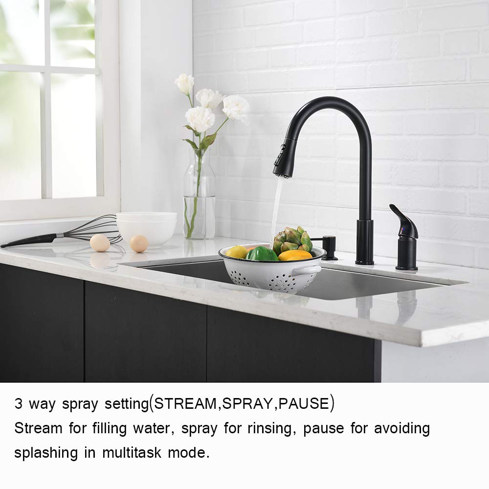 VESLA HOME Single-Handle Swivel Single Lever Oil Rubbed Bronze Kitchen Sink Faucet with Pull Down Sprayer, Soap Dispenser Kitchen Faucets, Kitchen Sink Faucet