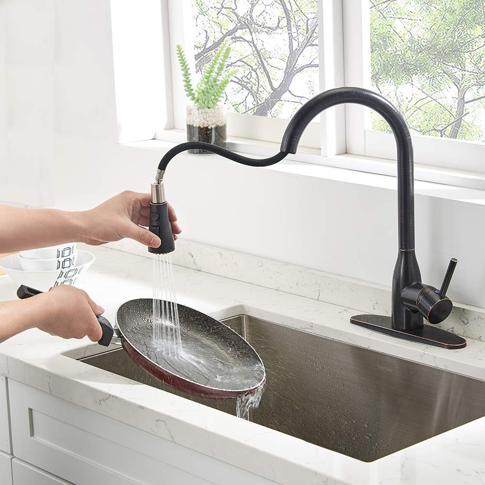 VESLA HOME Commercial Single Handle Pull Out Sprayer Oil Rubbed Bronze Lead-Free Brass Kitchen Faucet, Kitchen Sink Faucets with Deck Plate