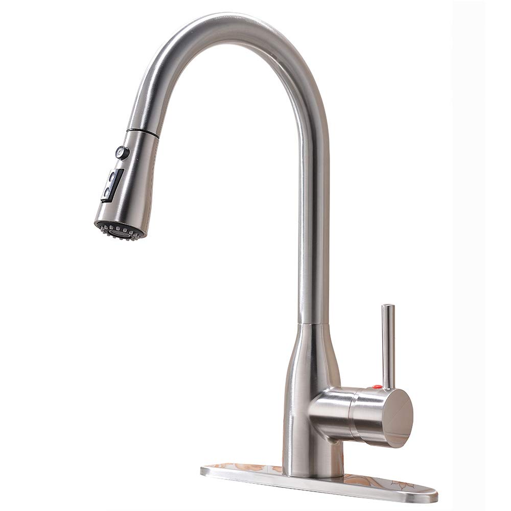 VESLA HOME Modern Commercial Stainless Steel Single Lever Pause Botton Pull Out Sprayer Kitchen Faucet, Brushed Nickel Kitchen Sink Faucet With Deck Plate
