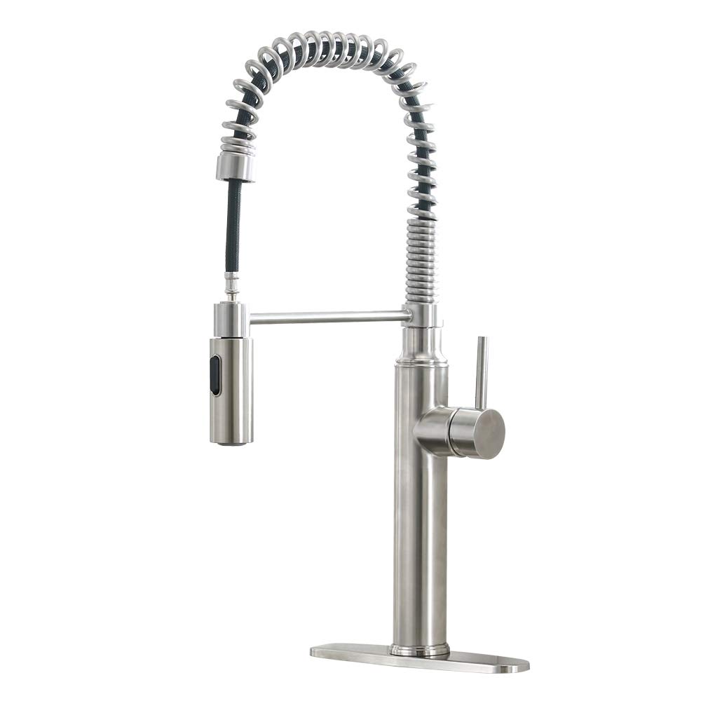 VESLA HOMEV Commercial Lead-Free Solid Brass Single Handle Single Lever Pull Out Pull Down Sprayer Spring Kitchen Faucets, Brushed Nickel Kitchen Sink Faucet VETGT002L-D-1