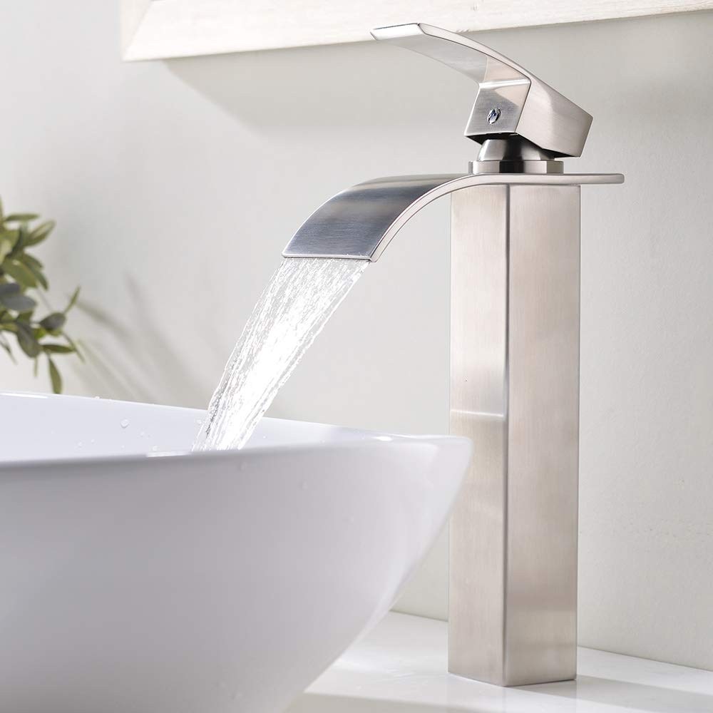 VESLA HOME 1.77 Inches Body Wide Tall Waterfall Single Handle Brushed Nickel Vessel Sink Bathroom Faucet, Lavatory Vanity Sink Faucet With Large Rectangular Spout