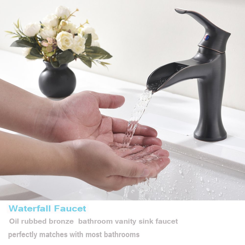 VESLA HOME Single Handle One Hole Oil Rubbed Bronze Finish Large Spout Waterfall Vanity Bathroom Faucet, Lavatory Bathroom Sink Faucet