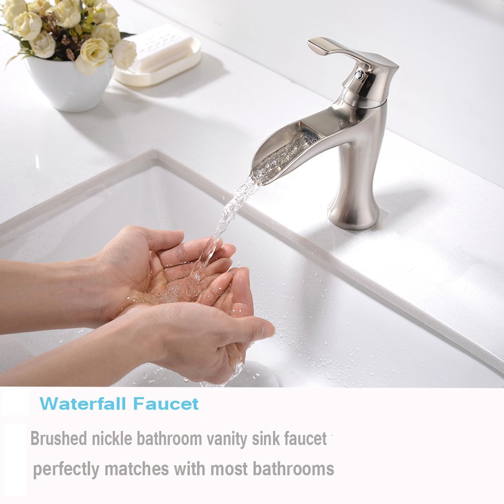 VESLA HOME Single Handle Vessel One Hole Waterfall Brushed Nickel BathroomSink Faucets, Bathroom Sink Faucet Without Pop Up Drain