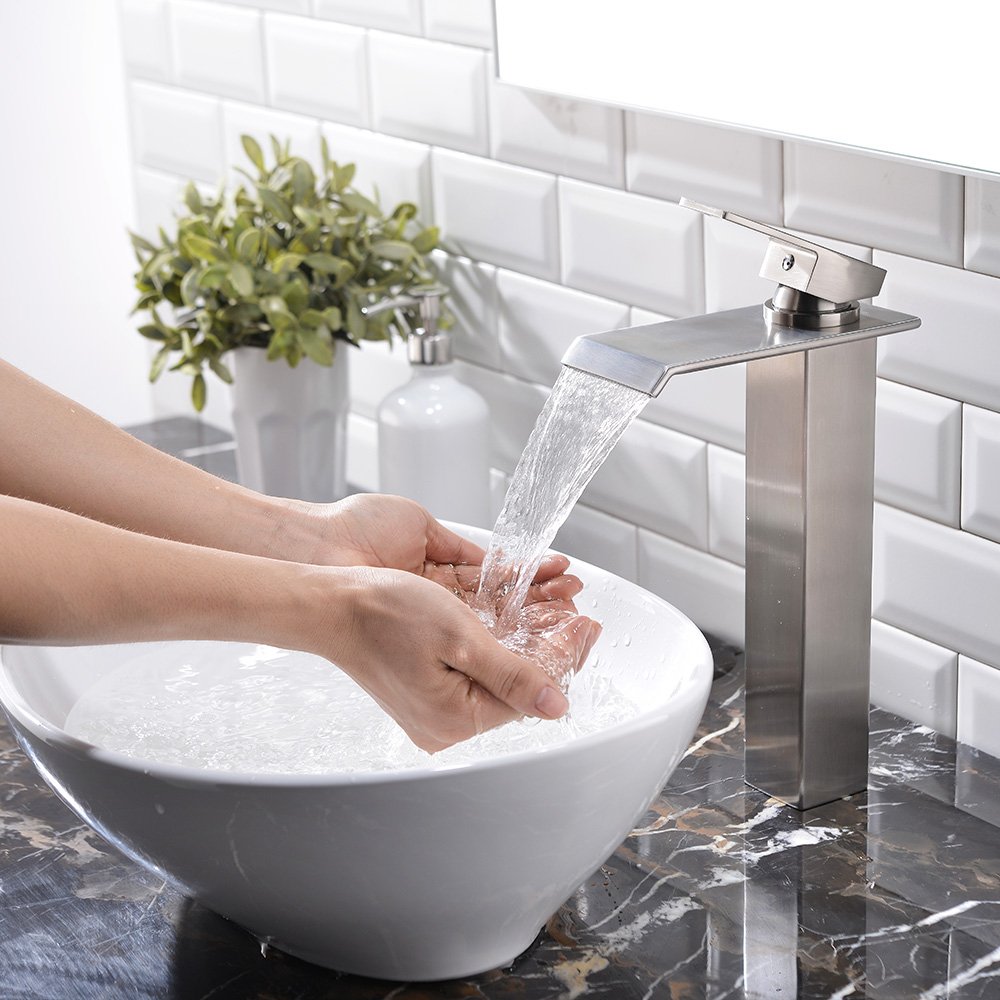 VESLA HOME One Hole Single Handle Waterfall Brushed Nickel Bathroom Faucet, Bathroom Sink Vessel faucet Lavatory Mixer Tap