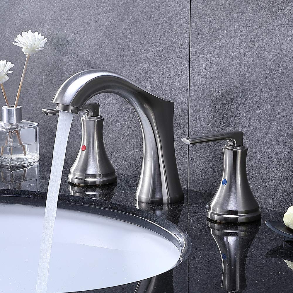 VESLA HOME Commercial Brushed Nickel Two-Handle Widespread Three-Hole Widespread Bathroom Faucet, Bathroom Sink Faucets without Pop Up Drain