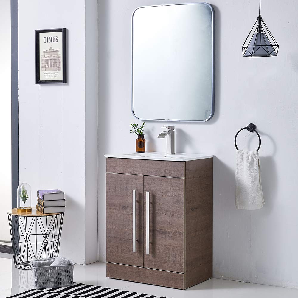 VESLA HOME Modern 24” Brown wood grain Stand Bathroom Vanity Sink Combo, 2 Door Bathroom Cabinet with Ceramic Vessel Sink